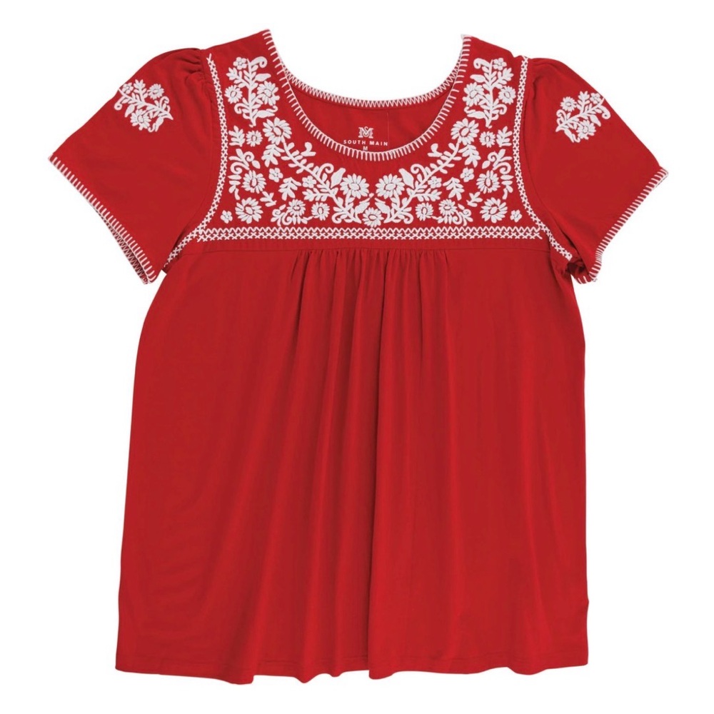 South Main Red Embroidered Scoop Neck Top with White Floral Detail